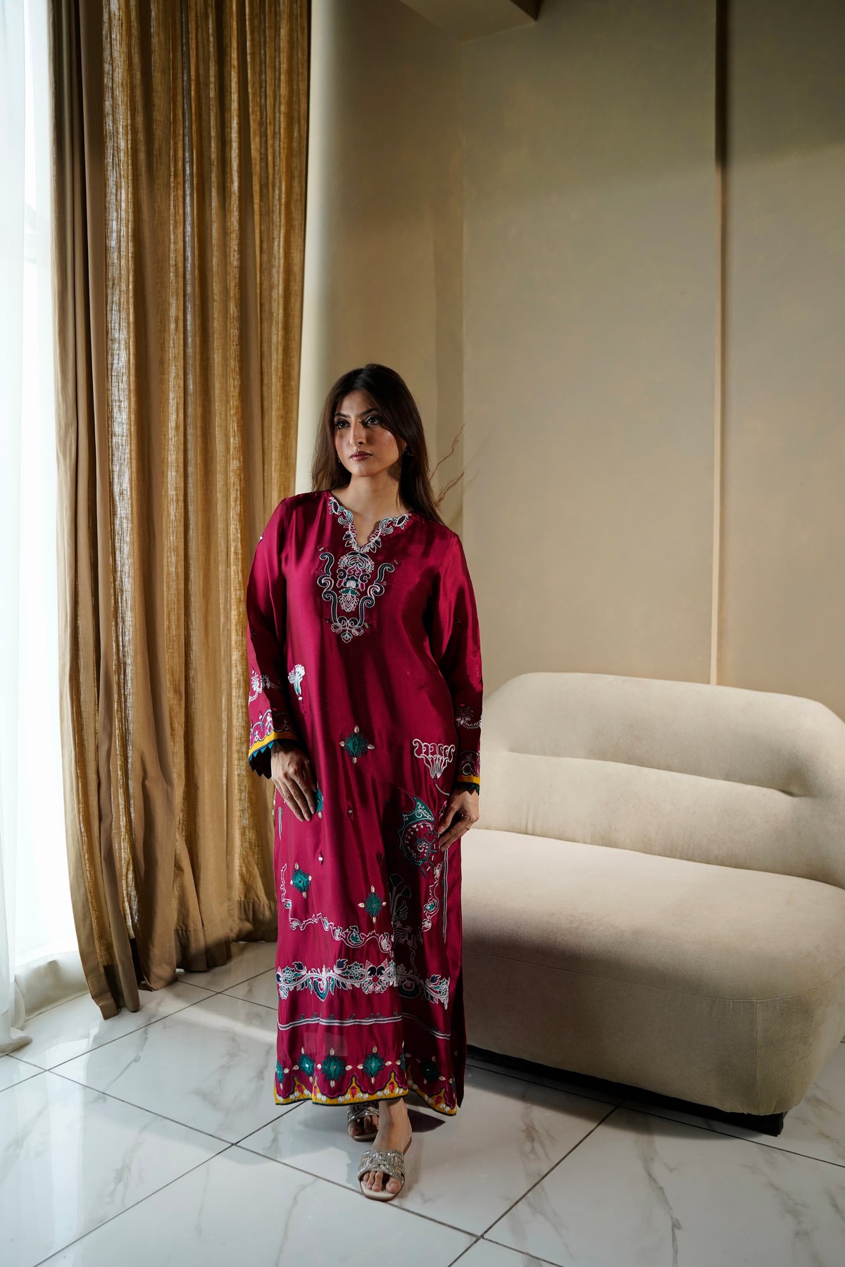 Crimson Wine Silk 2-Piece Kaftan — back view
