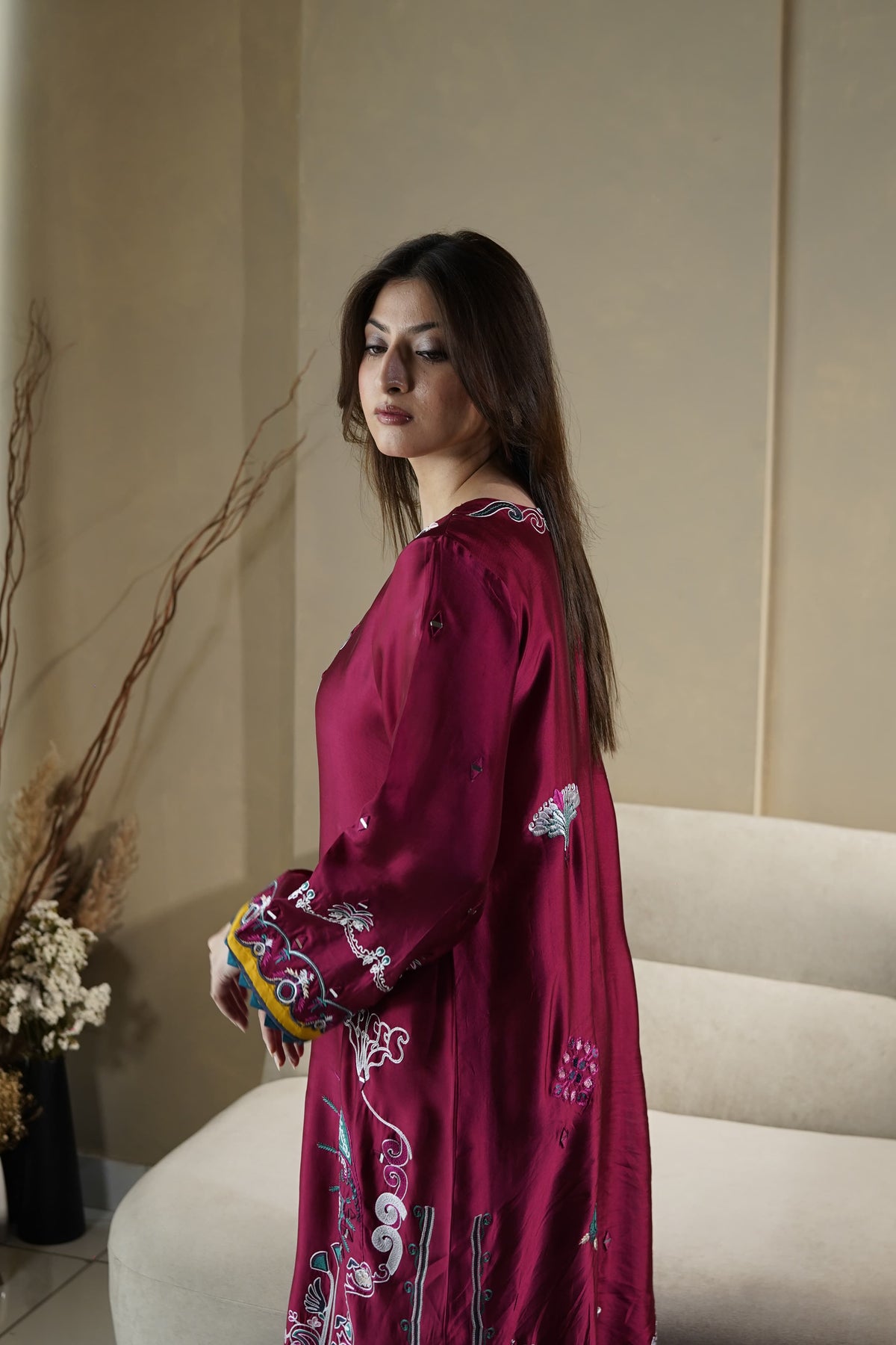 Crimson Wine Silk Kaftan styled