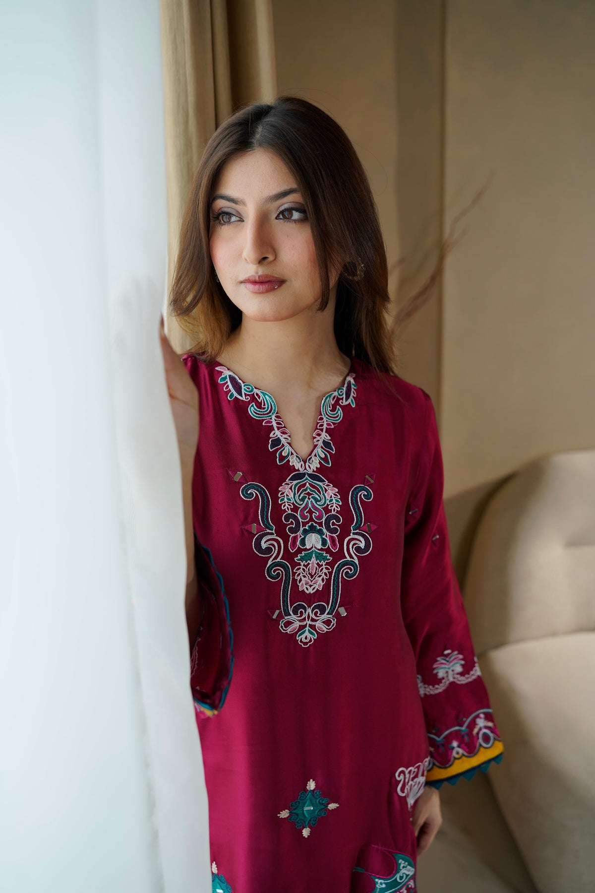 Crimson Wine Silk 2-Piece Kaftan — front view