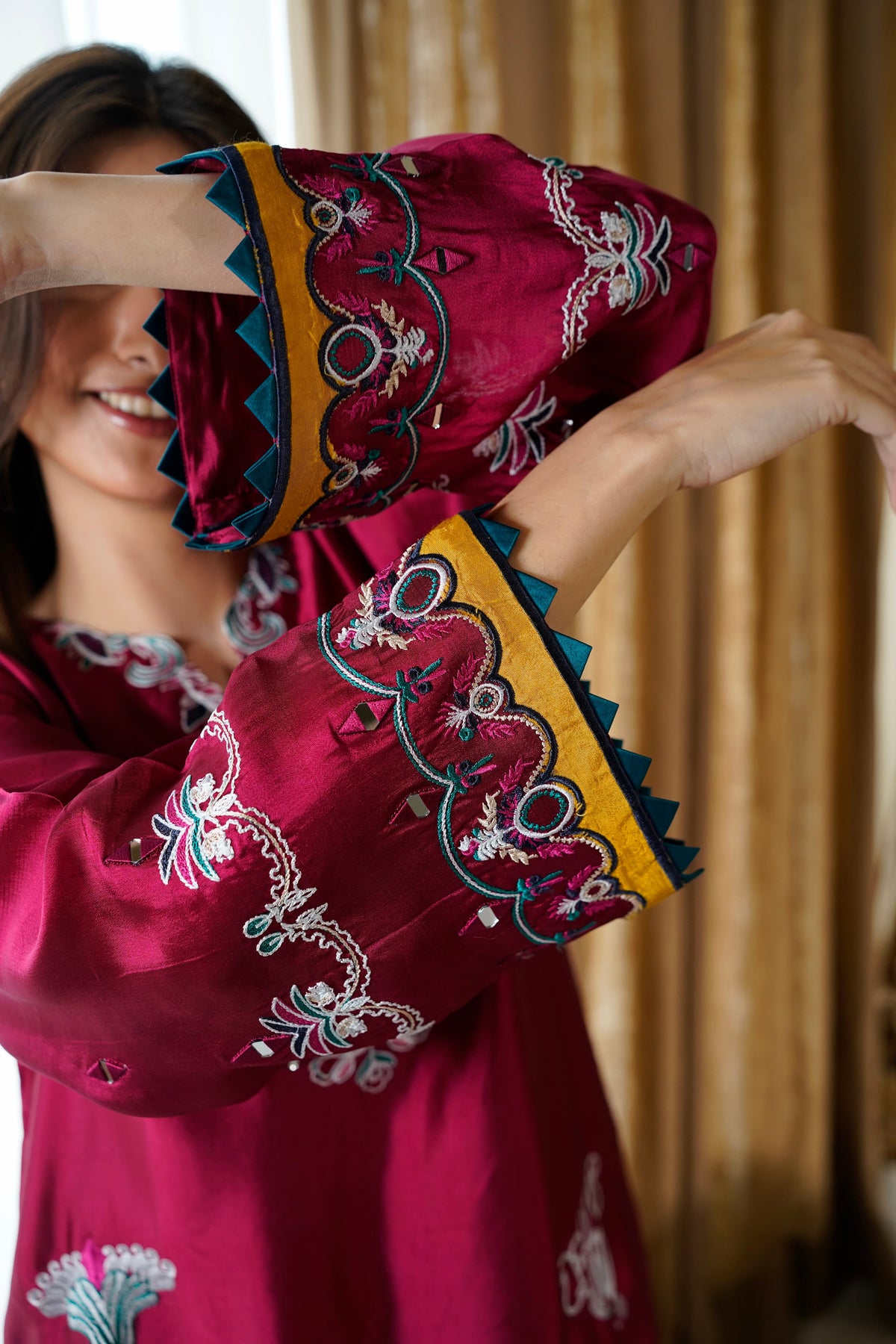 Sheesha mirror work detail on Crimson Wine Kaftan