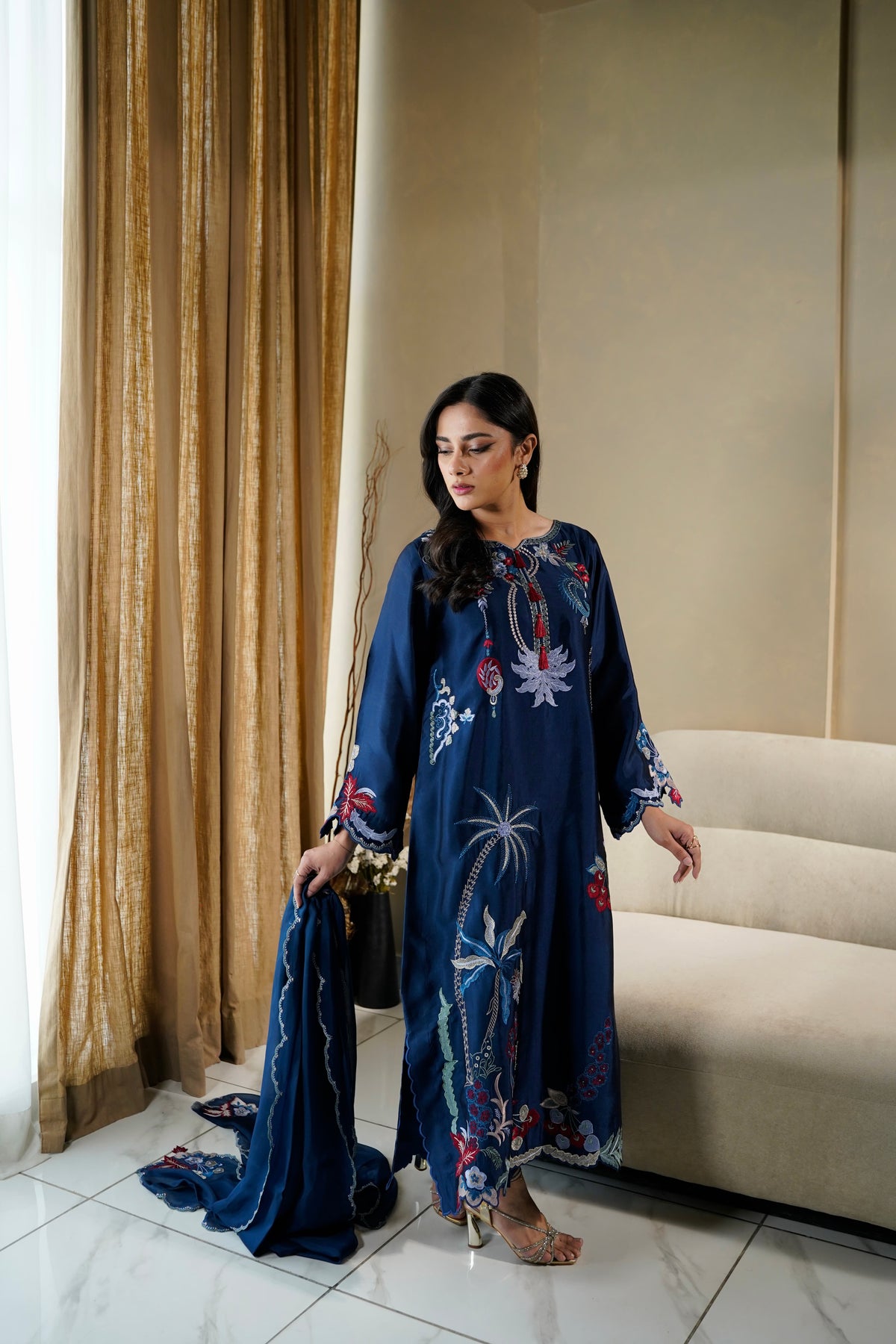 Embroidery detail on Midnight Blue Silk Kaftan