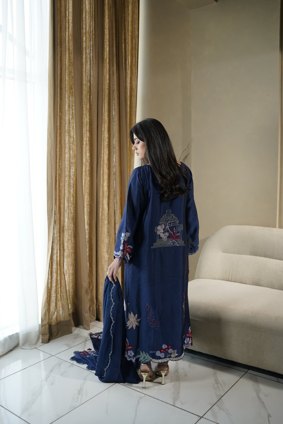 Midnight Blue Silk Kaftan styled with dupatta