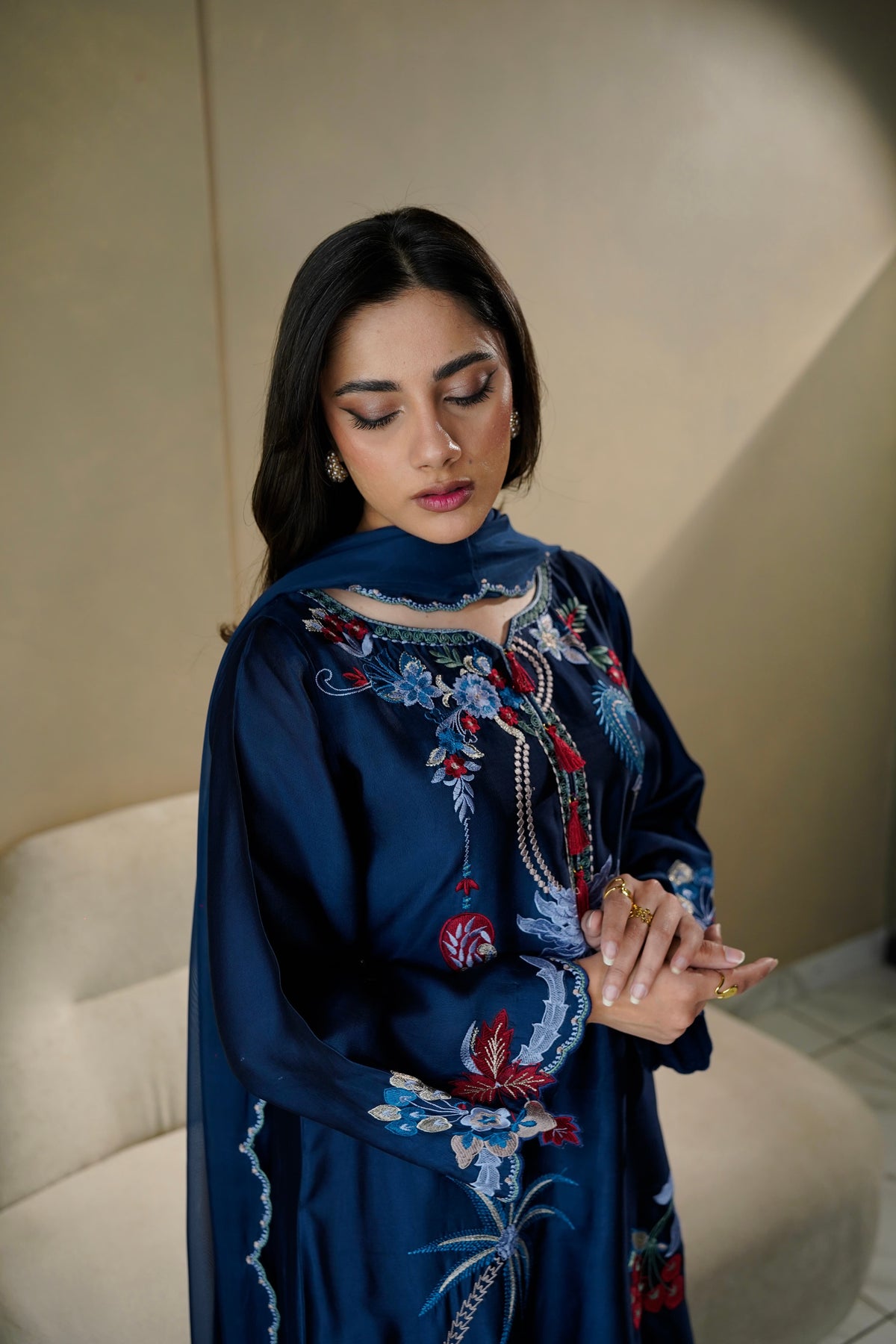 Midnight Blue Silk 3-Piece Kaftan — back view