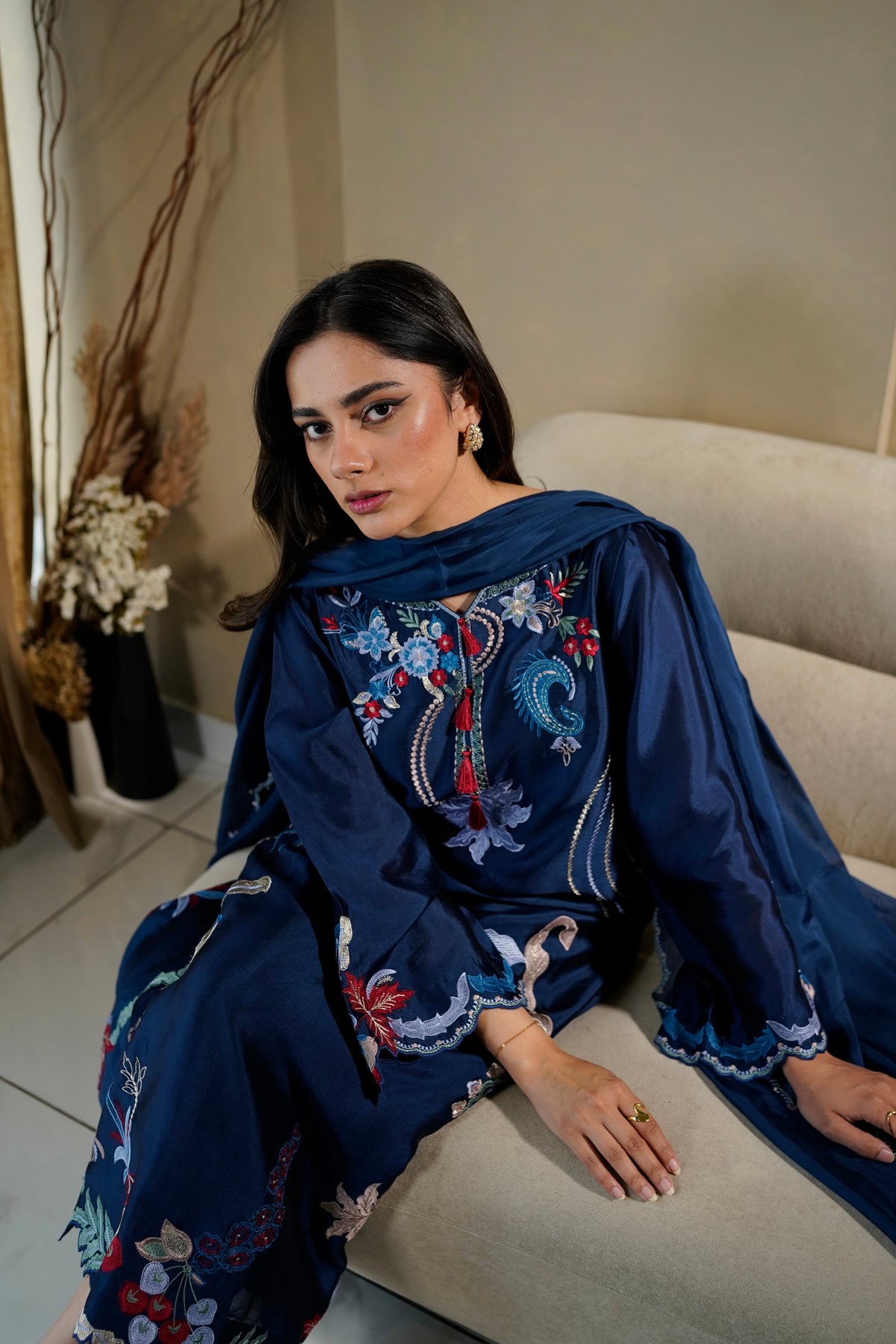 Midnight Blue Silk 3-Piece Kaftan — front view