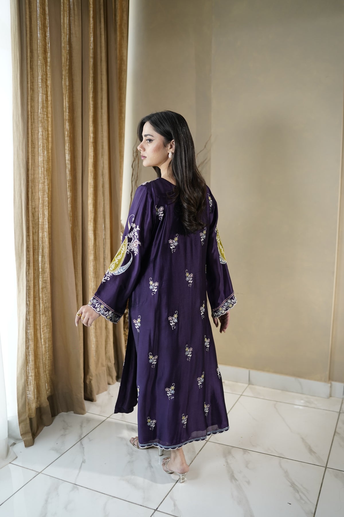 Deep Plum Silk Kaftan styled with dupatta