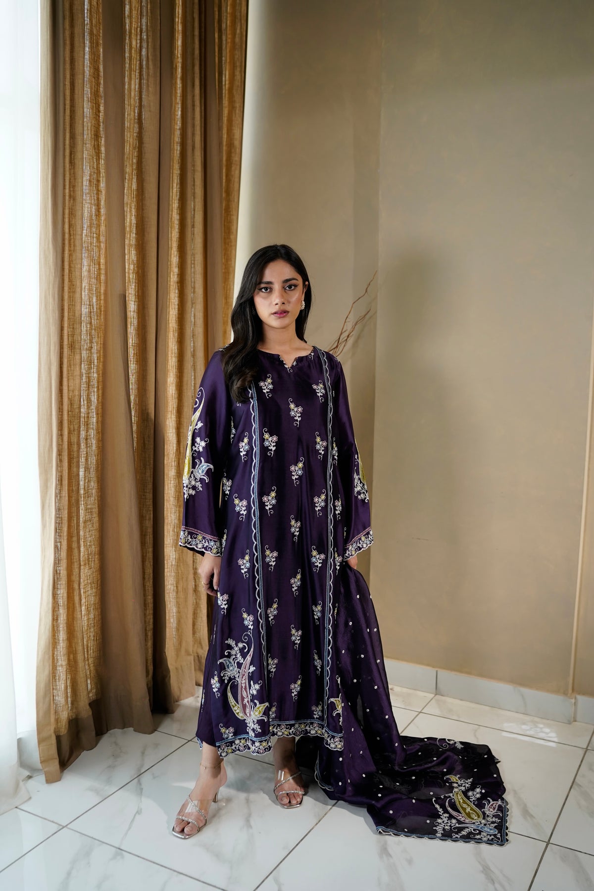 Embroidery detail on Deep Plum Silk Kaftan