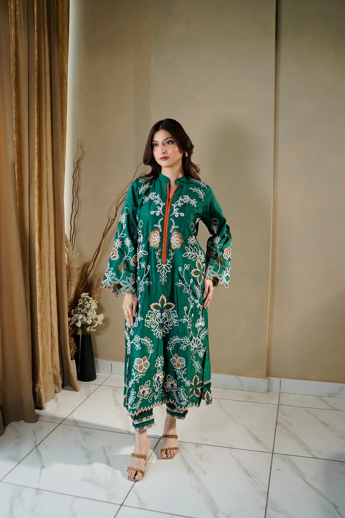 Floral embroidery detail on Forest Green Silk Kaftan