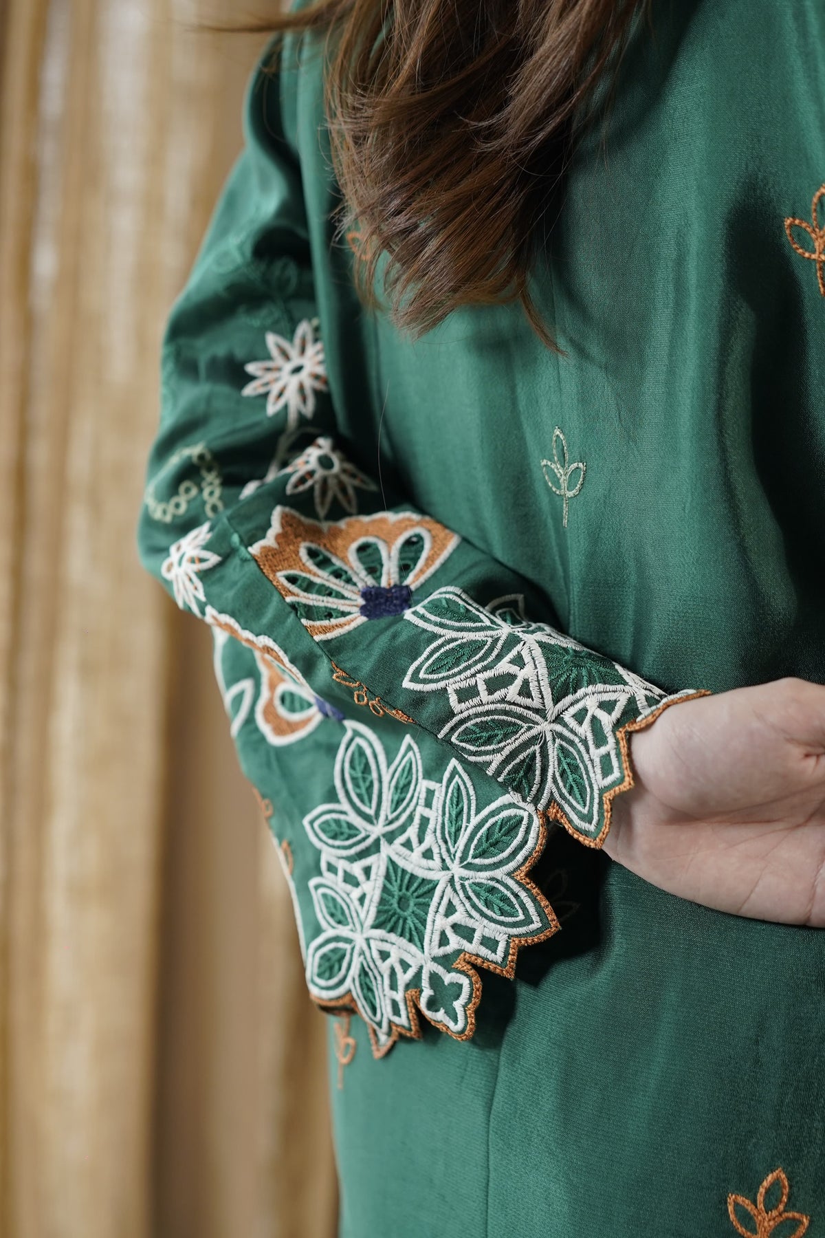 Forest Green Silk Kaftan with matching embroidered dupatta
