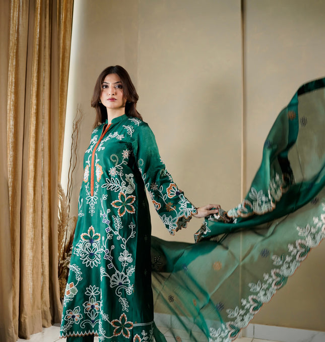 Forest Green Silk 3-Piece Kaftan — front view