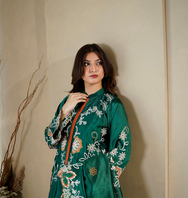 Forest Green Silk Kaftan — back view