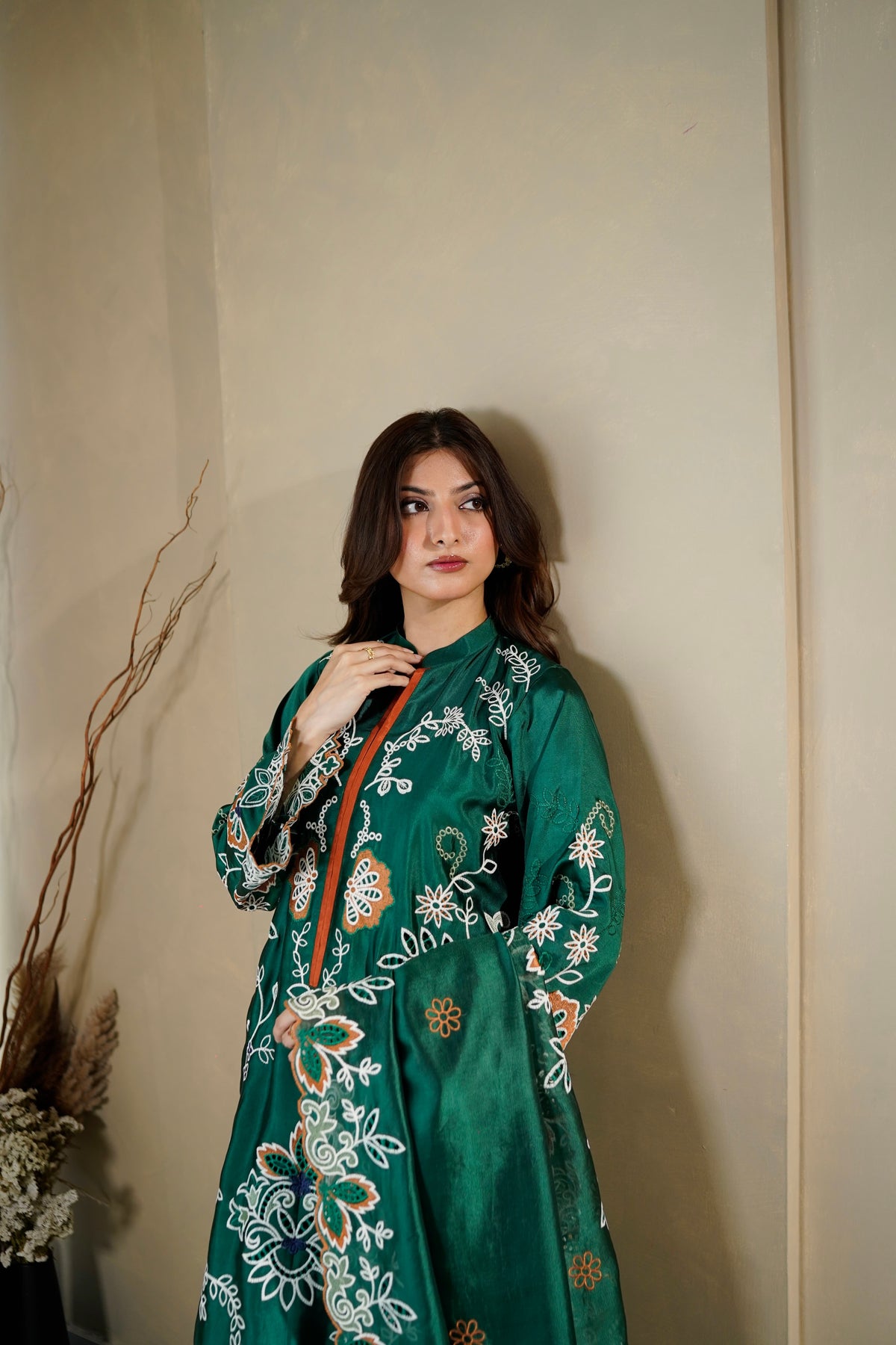Forest Green Silk Kaftan — back view