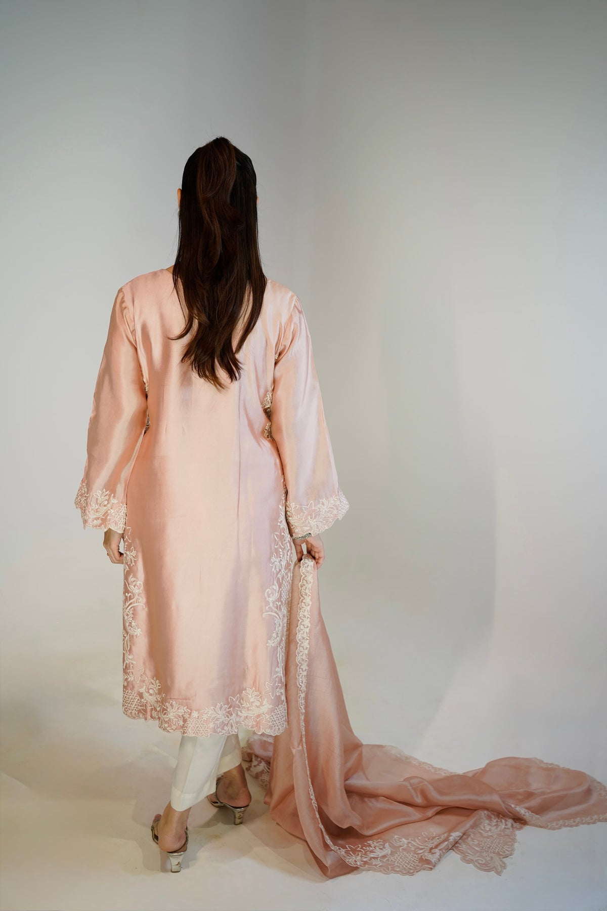 Peach Sheesha Silk Suit styled with cutwork dupatta