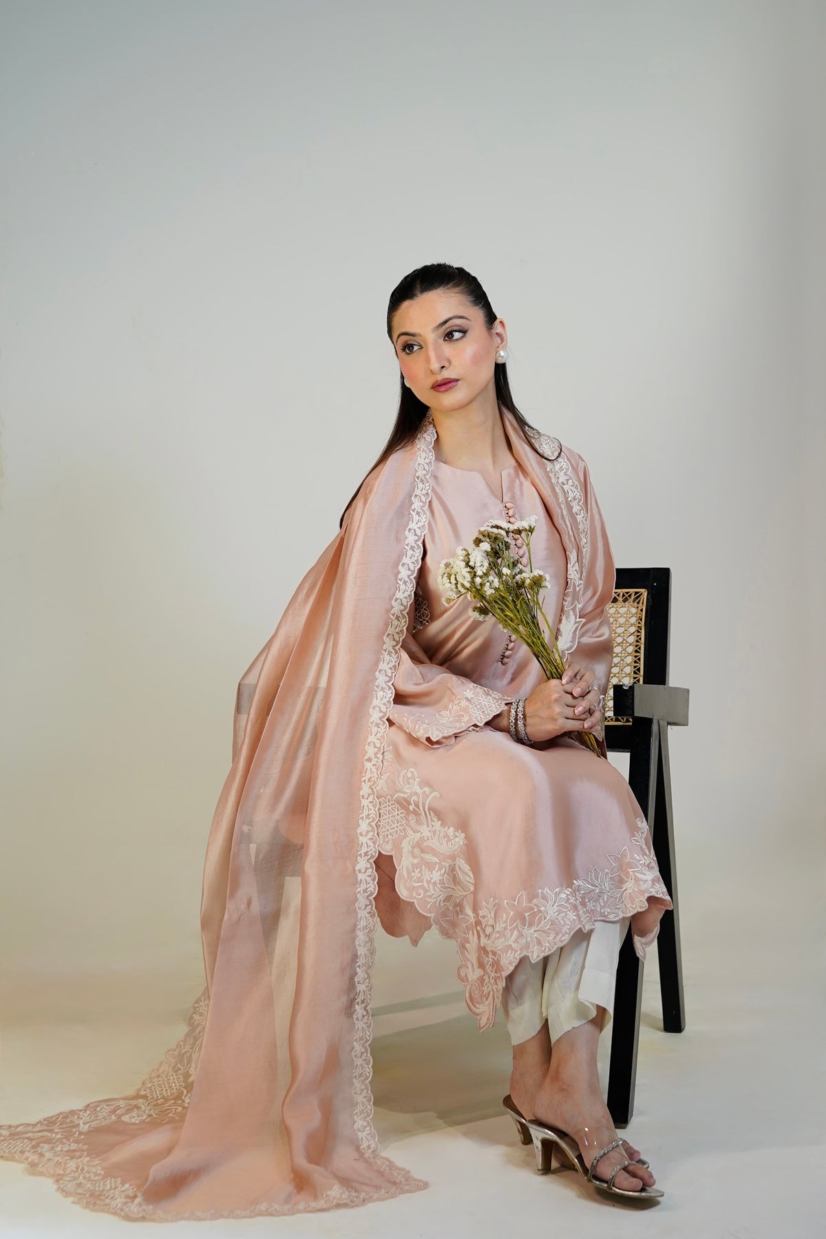 Cutwork detail on Peach Sheesha Silk Suit