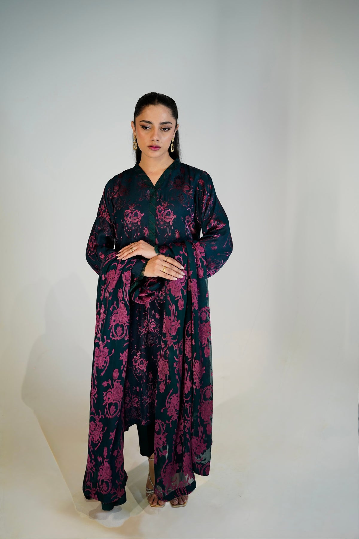 Brocade floral pattern on Emerald China Patti silk