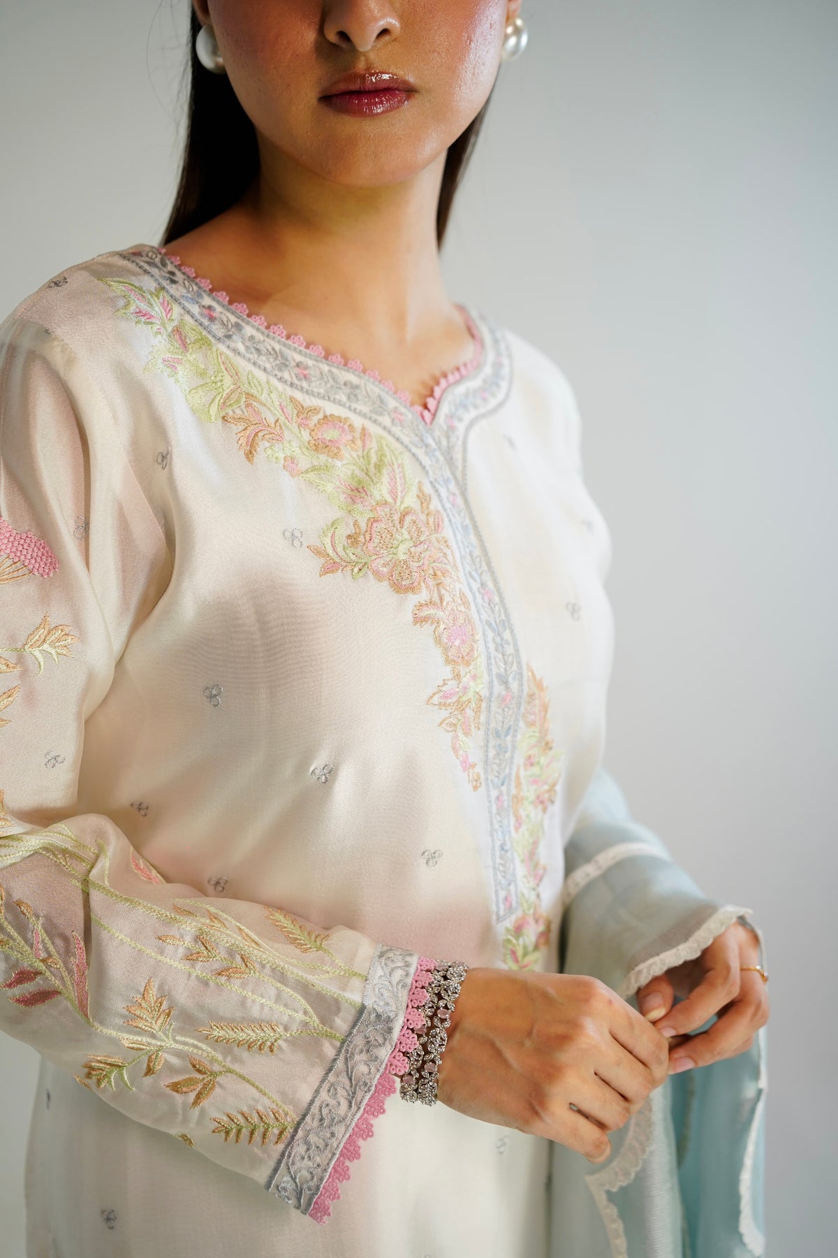 Ivory Sheesha Silk Suit styled with dupatta