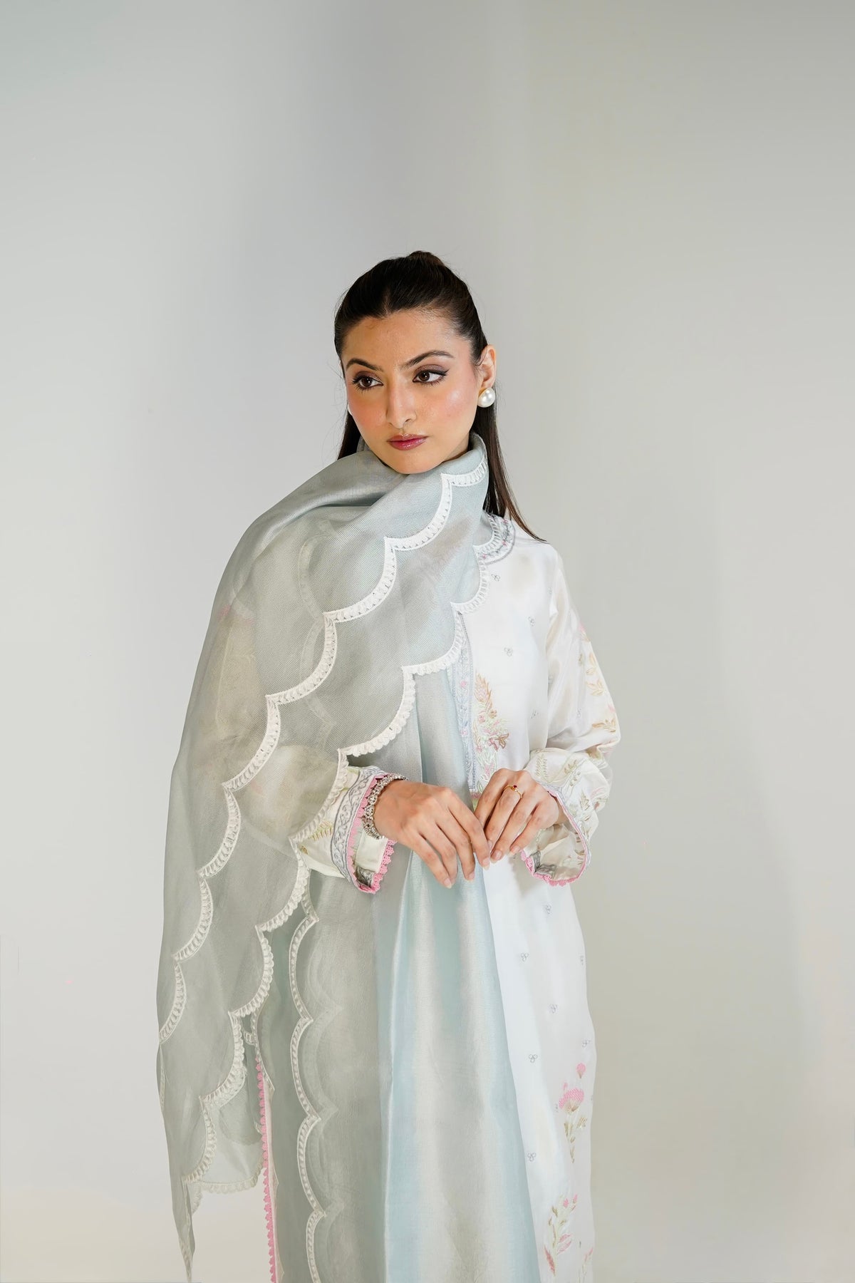 Scalloped cutwork dupatta on Ivory Sheesha Silk Suit