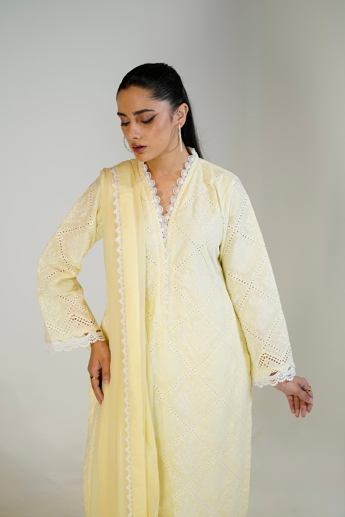 Chikankari embroidery detail on Lemon cotton