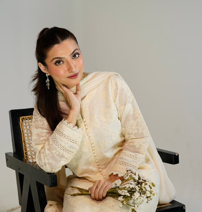 Off-White Chikankari 3-Piece Suit — front view
