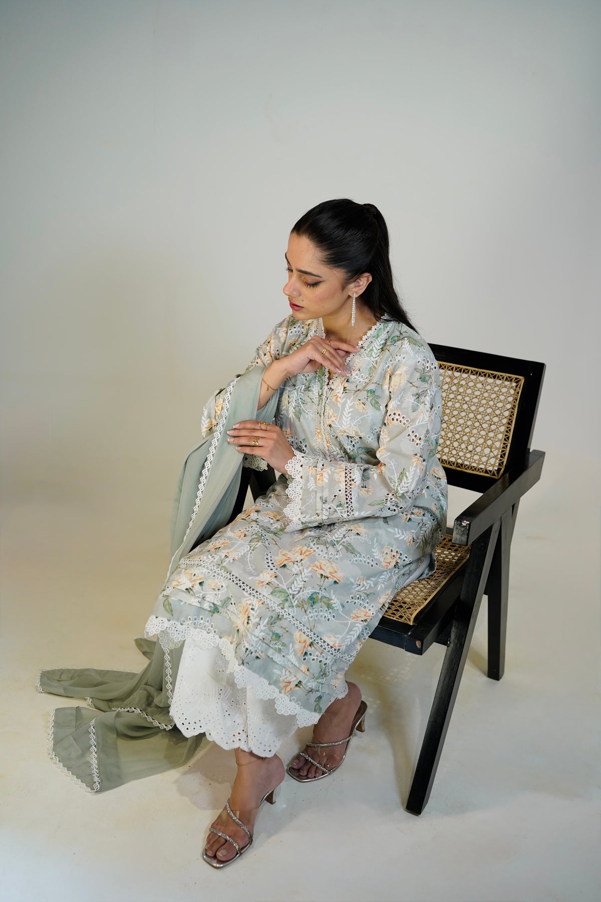 Floral chikankari embroidery on Sage Green cotton