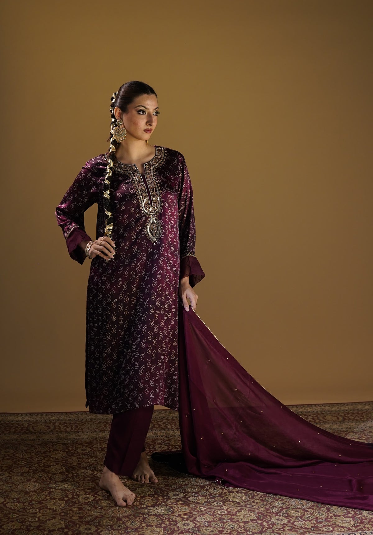 Tie-dye and embroidery detail on Maroon Silk Chunri