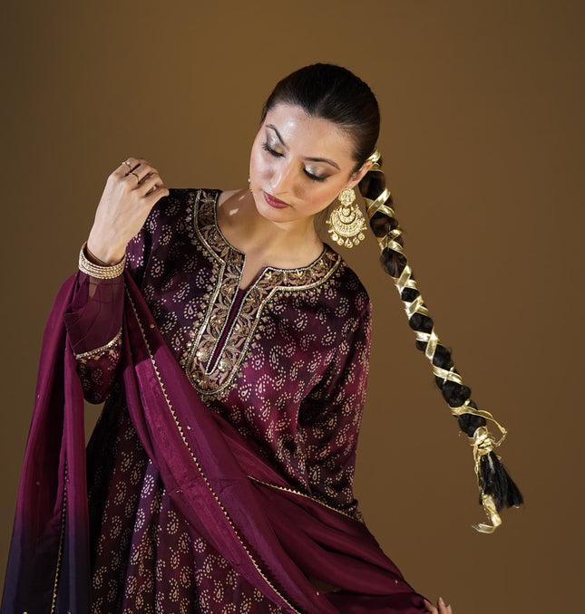 MAROON TIE-DYE PURE SILK CHUNRI 3-PIECE SUIT