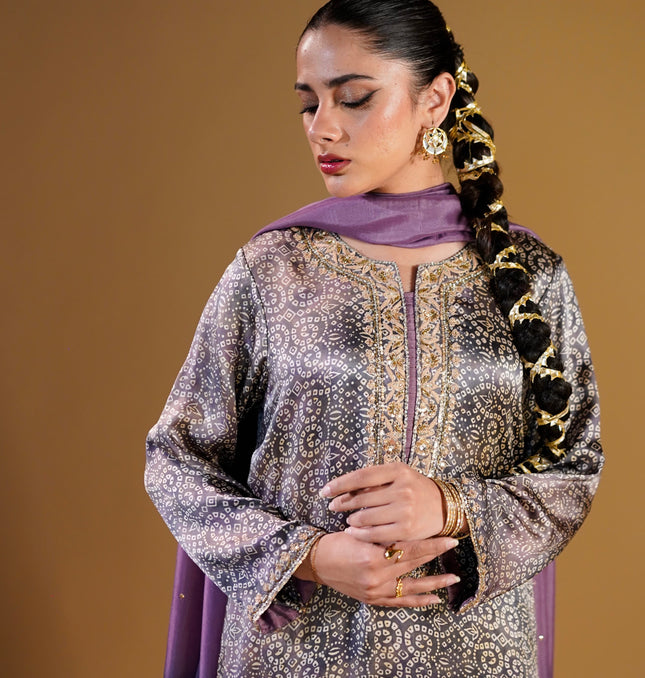 Lilac Tie-Dye Pure Silk Chunri 3-Piece Suit — front view