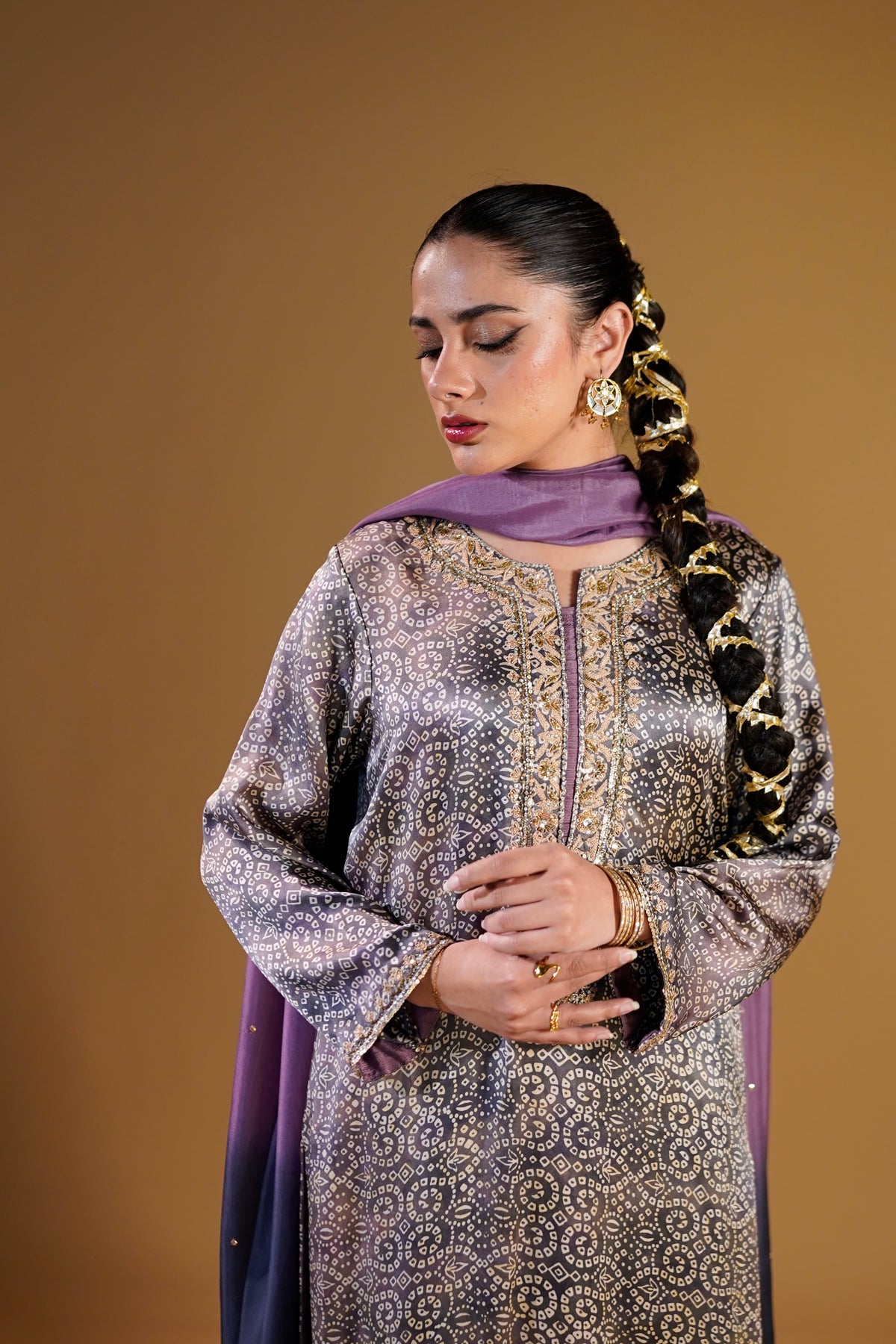Lilac Tie-Dye Pure Silk Chunri 3-Piece Suit — front view