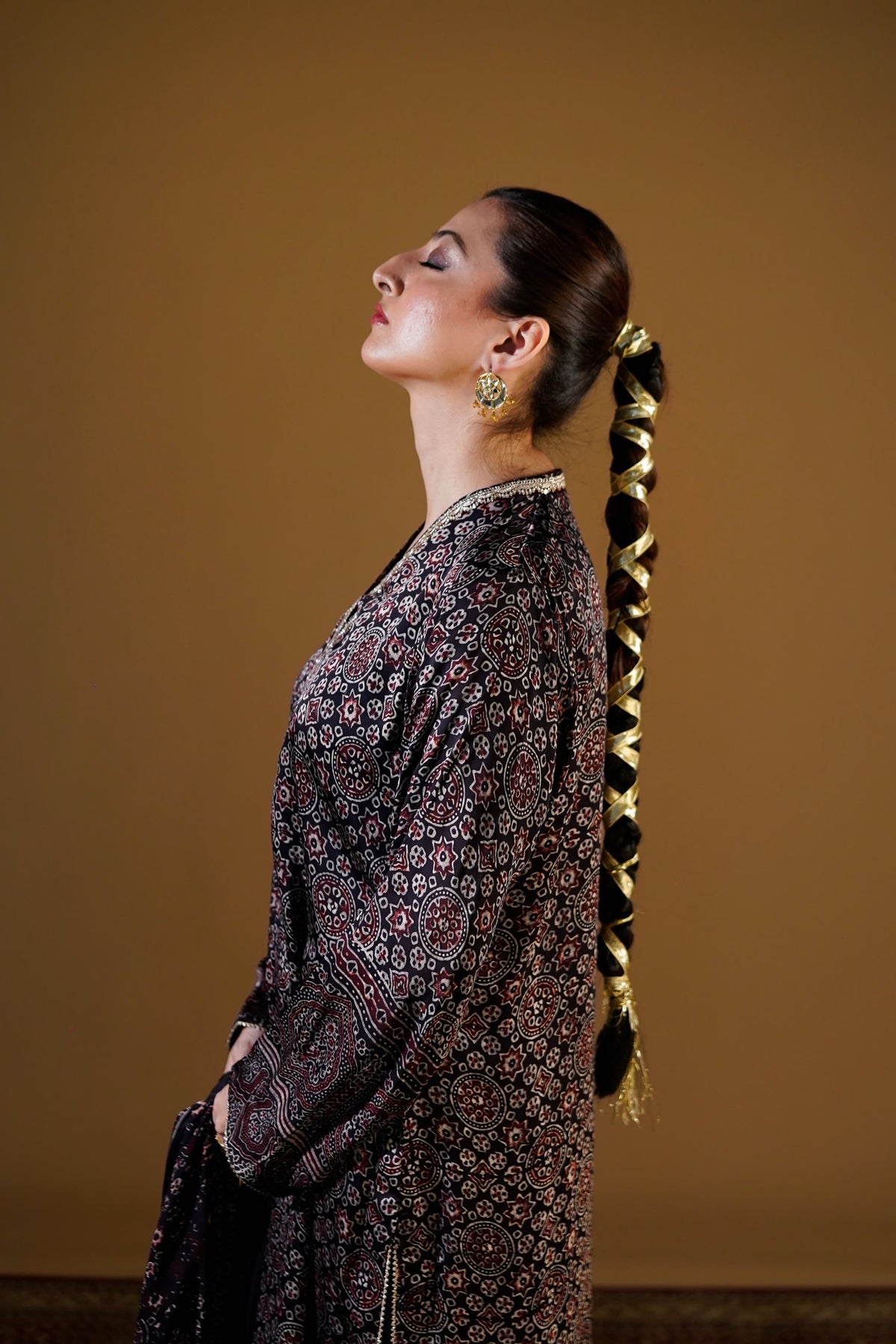Ajrak block-print detail on Black Silk Suit