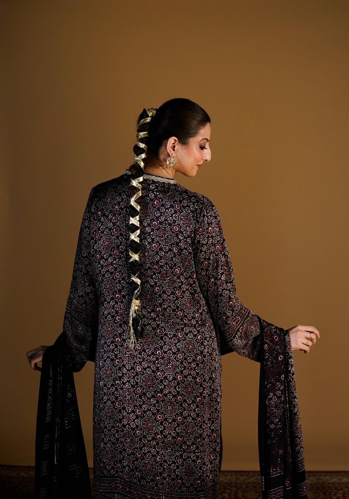 Black Ajrak Silk Suit styled