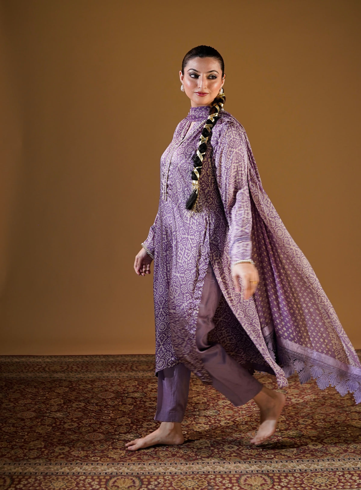 Chunri dot-and-pattern detail on Lavender Silk