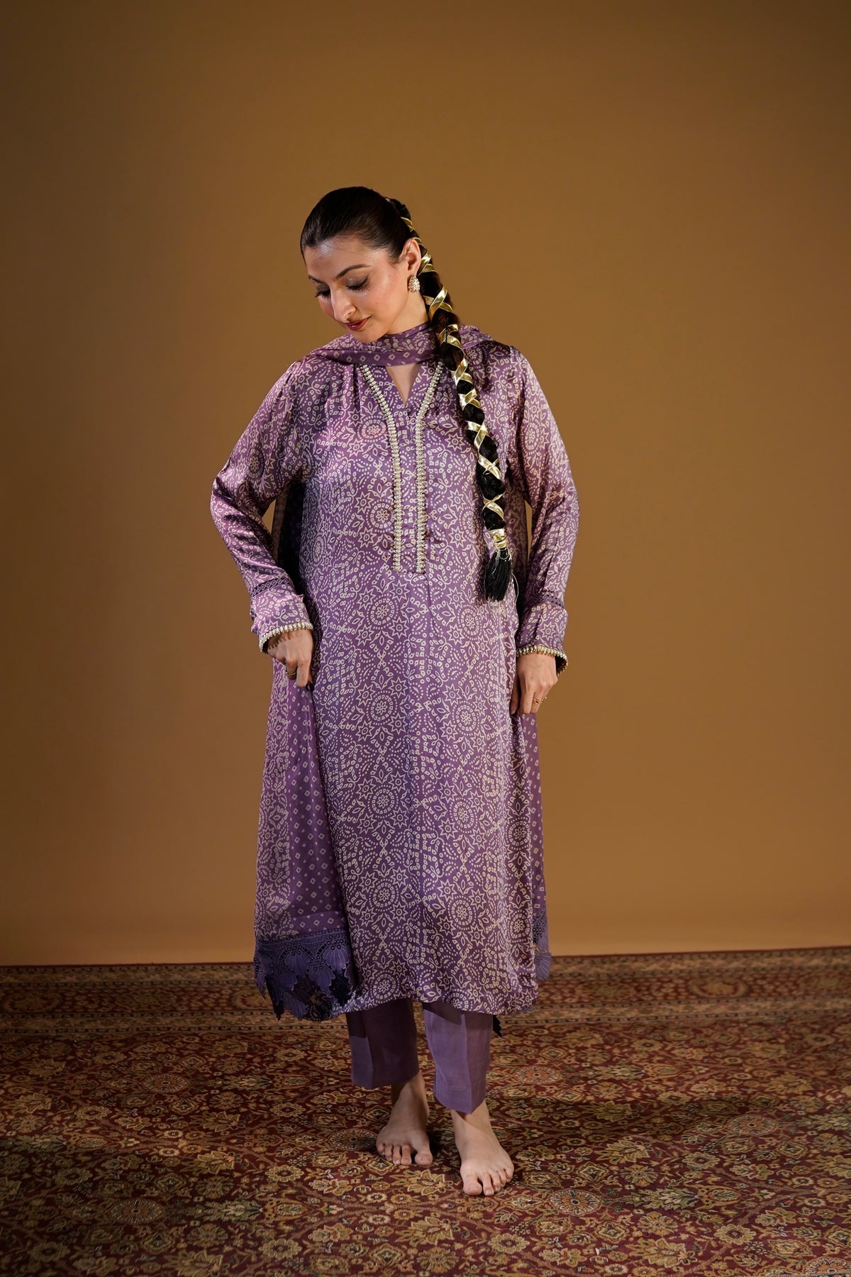 Purple Chunri Silk Suit styled