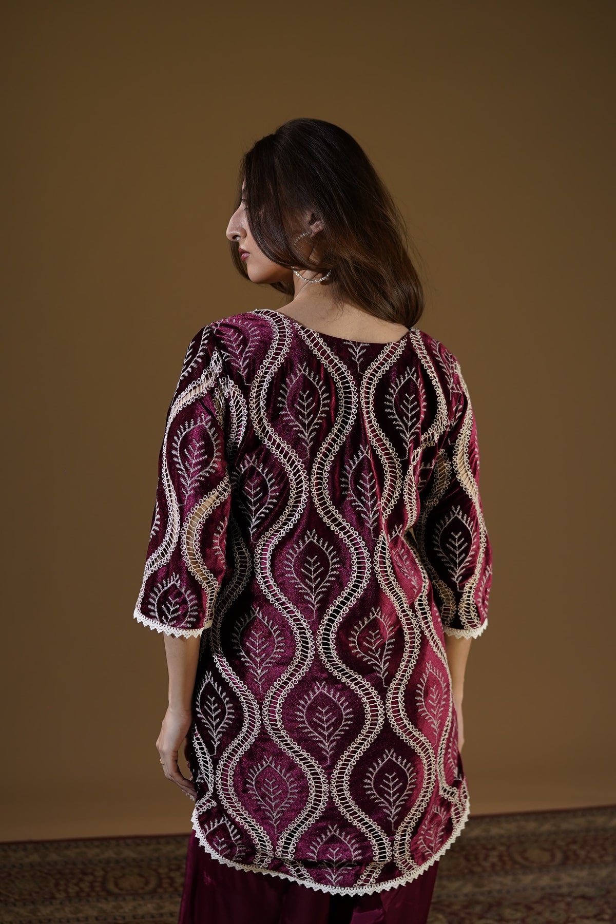 Lace and pattern detail on Ruby Velvet Suit