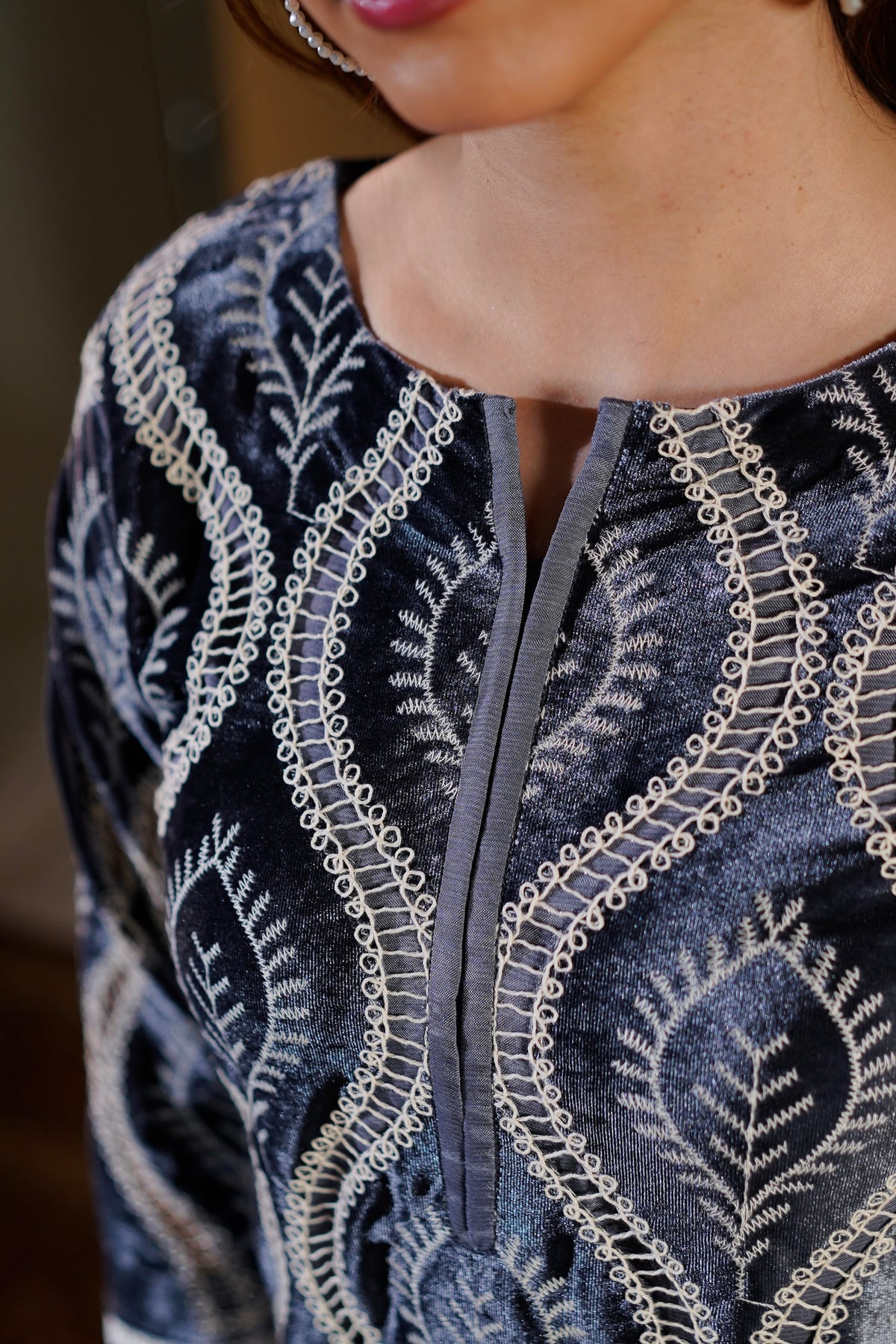 Ash Grey Velvet Suit styled with silk shalwar