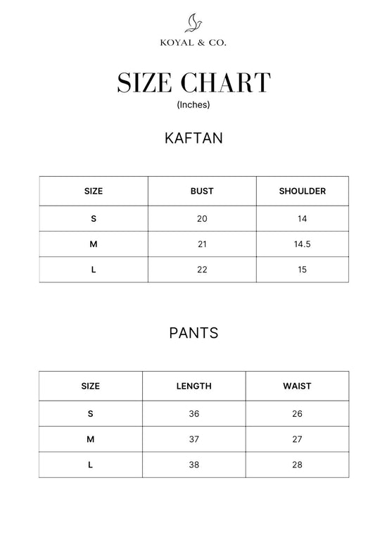 Size chart for KOYAL & CO. Pakistani suits and kaftans