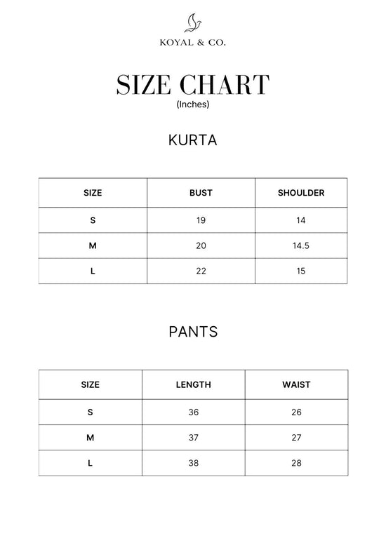 Size chart for KOYAL & CO. Pakistani suits and kaftans