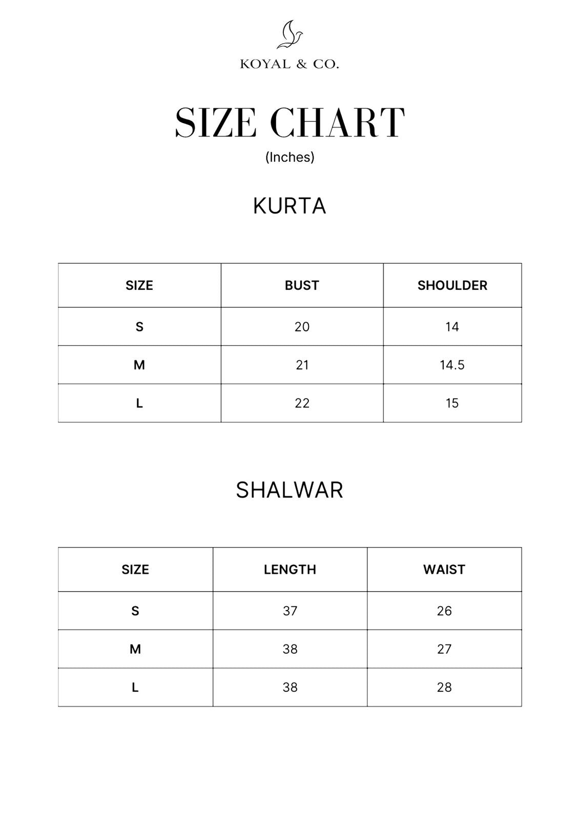 Size chart for KOYAL & CO. velvet suits