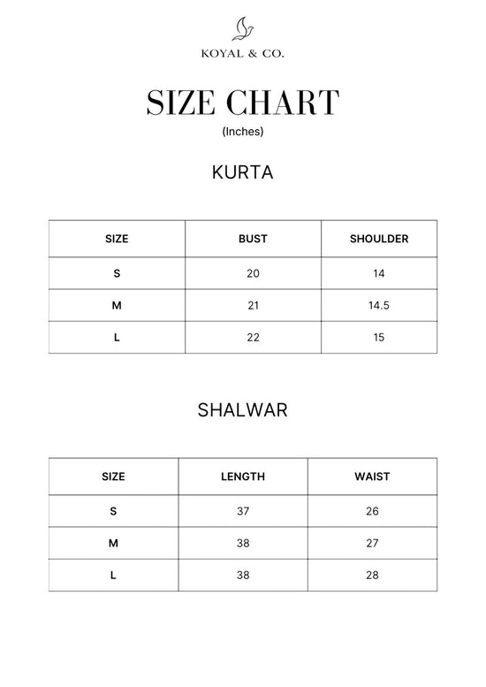 Size chart for KOYAL & CO. velvet suits